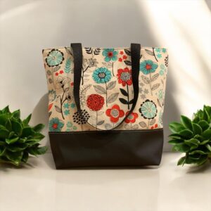 Vinyl Bottomed Tote Bag - Teal, Red and Cream